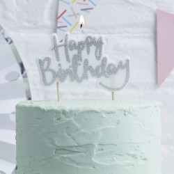 1 bougie anniversaire "Happy Birthday" argentée