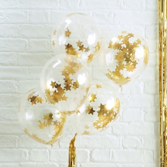 5 ballons transparents confettis étoiles dorées