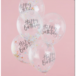 5 Ballons confettis "Happy Birthday" - Pastel