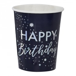 8 gobelets Happy Birthday - Navy et iridescent