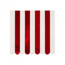 16 petites serviettes lignées rouge métallique et blanc