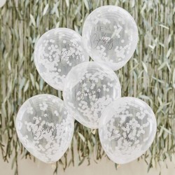 5 ballons "Hey baby" - confettis blancs 