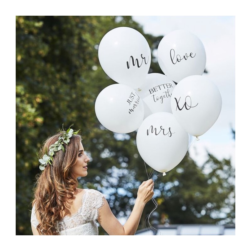 6 ballons blancs - Inscriptions mariage - Happy Family