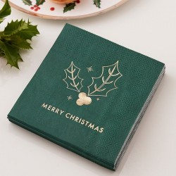 16 petites serviettes Merry Christmas - Houx or et vert