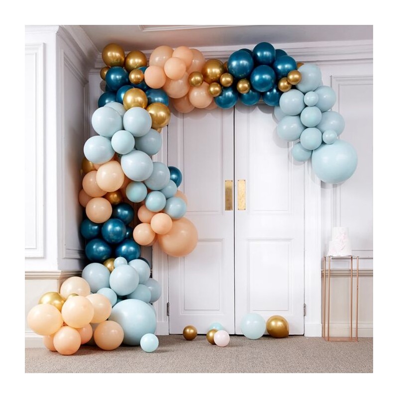 Kit arche à ballons de luxe - Dégradé pêche, bleu canard et or et chrome  (200 ballons) - Happy Family