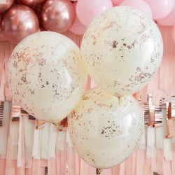 3 ballons double couche et confettis - Crème et or rose