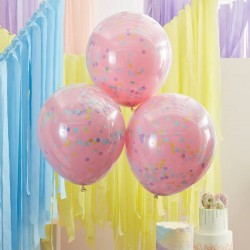 3 ballons double couche et confettis - Rose et pastel