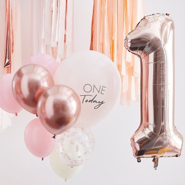 Kit 1 an One today - 10 ballons rose et or rose et chiffre 1 - Happy Family