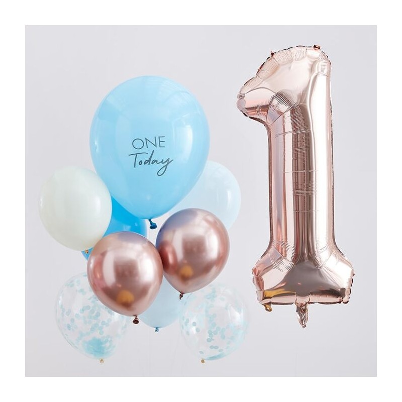 Kit 1 an One today - 10 ballons bleu et or rose et chiffre 1 - Happy Family