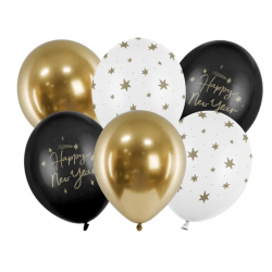 6 Ballons Latex- Happy new year mix noir, or et blanc