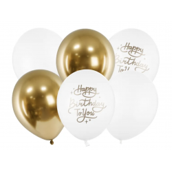 6 Ballons Latex - Happy birthday to you Or et blanc