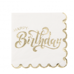 16 Serviettes Happy Birthday Or et Blanc