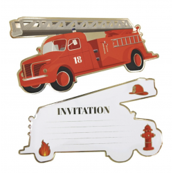 8 invitations - Camion de Pompiers Rouge 